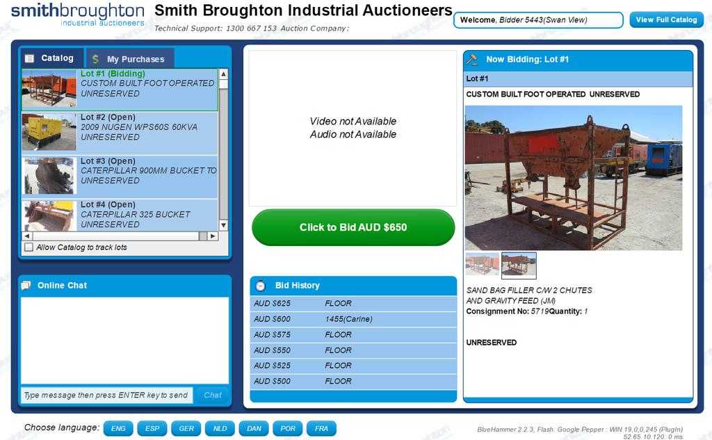 PLACING BIDS FOR WEBCAST AUCTIONS WHILE THE AUCTIONEER IS CALLING BIDS Below is an screen shot of the auction screen as it would appear during an auction A B C D E Some key parts to