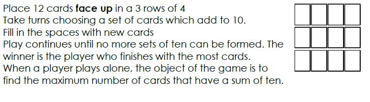 10 Numbers to make 10 Set of cards with jokers and picture cards removed.