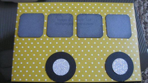 Adhere seven of the 1-1/4 squares of Basic Gray card stock, four 1-3/8 Basic Black circles with SNAIL adhesive. Then with Glue Dots adhere four ¾ Silver Glimmer Paper circles.