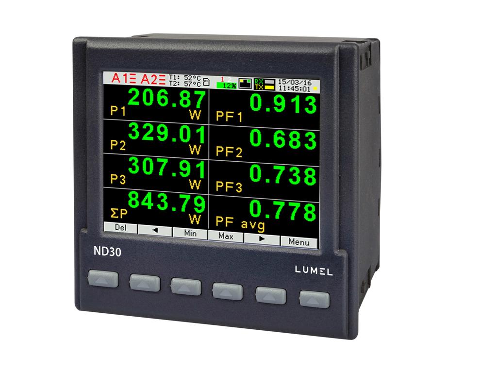 ND3-9A 8 User's manual 6 ND3 PROGRAMMING 6.1 Front panel Fig. 8. Front panel The ND3 meter has 6 buttons and a full-color graphic screen. Front panel description: f1,.