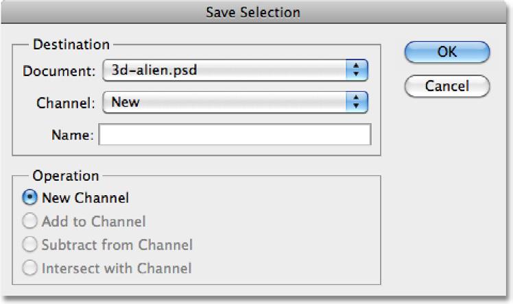 and choosing Save Selection way down at the bottom of the list: Go to Select > Save Selection. Photoshop will pop open the Save Selection dialog box.