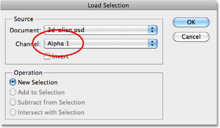 Select Alpha 1 for the Channel option: Since we didn t name the selection when we saved it, Photoshop gave it the generic name Alpha 1. Click OK to close out of the dialog box.