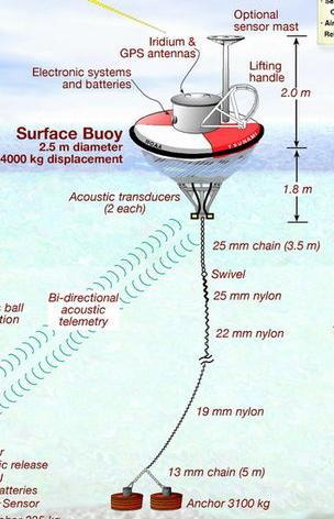 Buoy Assembly Downward and upward transducers Receive data from tsunameter Send & receive data from satellite Mooring