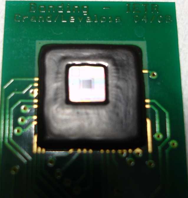 Figure 3: SEM micrograph of matrix of SGFETs showing some transistors Figure 4: Bonded on PCB card SGFET matrix as ready to use sensor.
