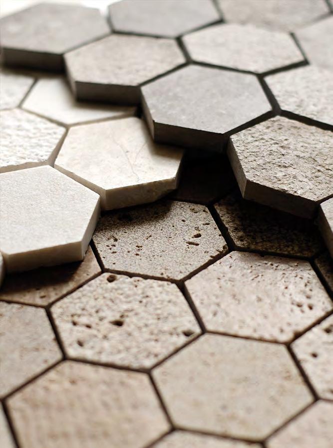TOUCH TONE TEXTURED HEXAGON MOSAICS COLLECTION Designing with texture and shape in stone brings together classic combinations.