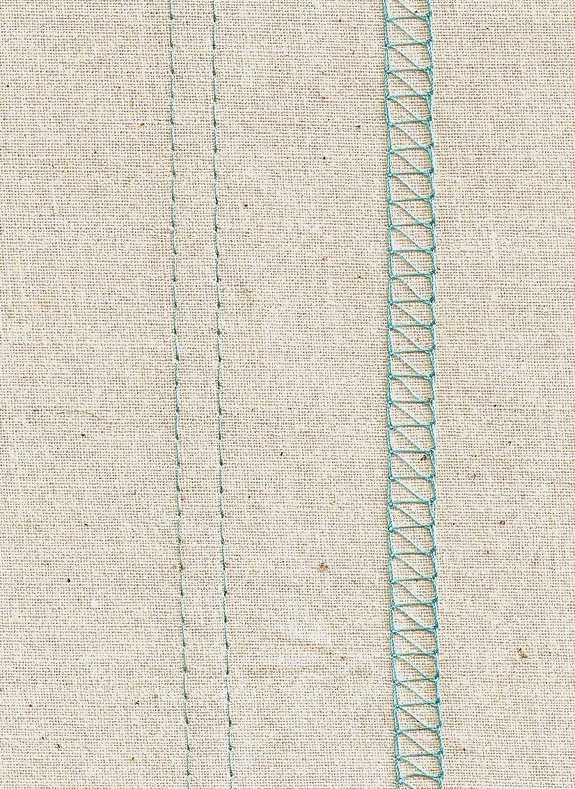 BERNINA 3-thread/2-needle coverstitch Fabric: Medium weight cotton, 6 x 6 Needle: 80/12 Sharp or JLx2 Thread: 3 cones overlocker thread Presser Foot: Coverstitch Foot Stitch: 3-thread/2-needle