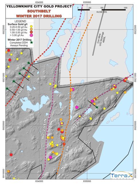 Southbelt Drilling 2017 1,585 m drill program completed on previously mined structures extending onto Southbelt from Con property Con Shear (5 holes) - Namesake shear for the Con