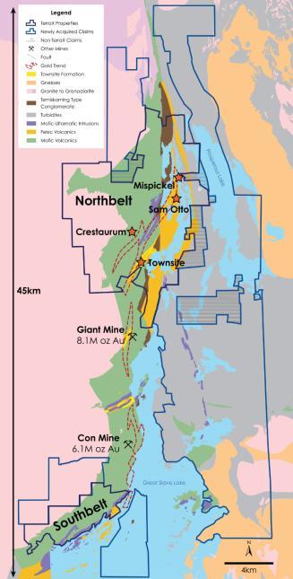 Yellowknife City Gold ( YCG ) Project 418 sq km with 45 km of strike Extension of Geology containing Con and Giant Mines Con Mine 6.1M oz @ 16.