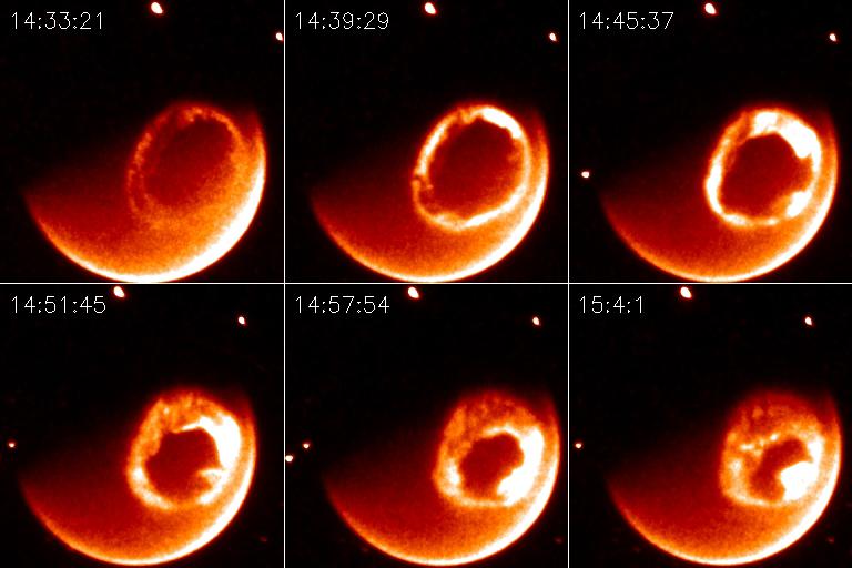 6.2. CURRENT SYSTEMS AND GLOBAL CONVECTION 127 Figure 6.10: Auroral images by the IMAGE satellite FUV instrument 14.7.2000 during the Bastille day storm.