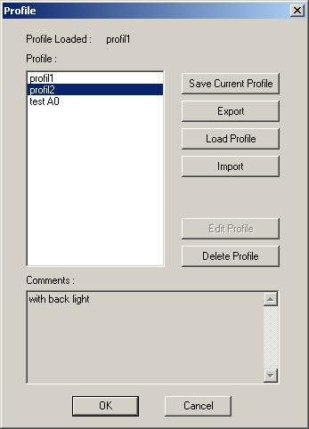 A Profile includes all the application parameters (except manual settings like diaphragm, focus and camera position). This menu allows to save, load, export or import these profiles.