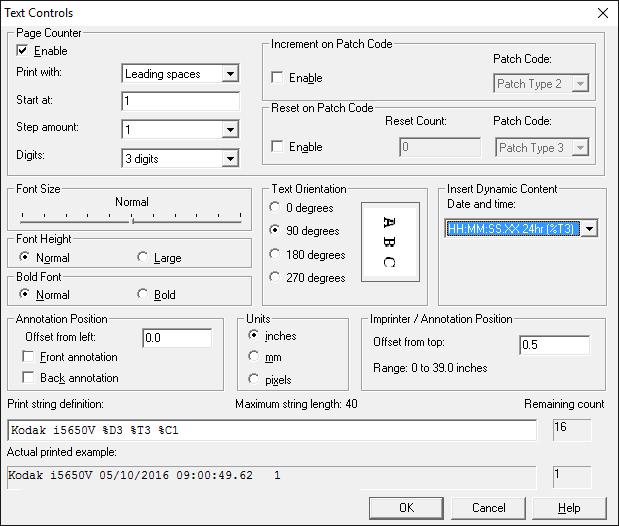 Text Controls screen The Text Controls screen allows you to set imprinter options. Page Counter Enable when checked, allows you to access the Page Counter options.
