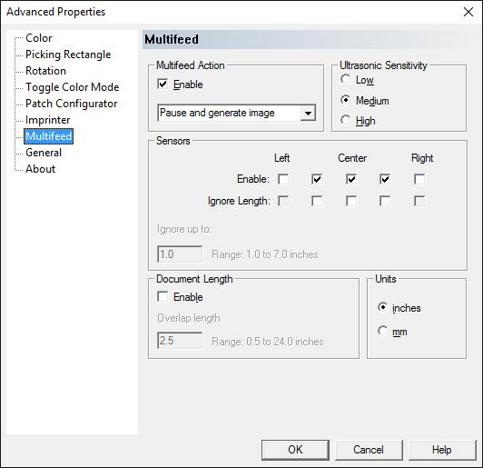 Multifeed screen Use the Multifeed screen to configure scanner-specific multifeed settings.