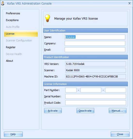 License Use the License screen to activate or deactivate your license for a Kofax VRS standalone installation. NOTE: Only use if you have updated to Kofax VRS Elite; not required for VRS OEM 5.