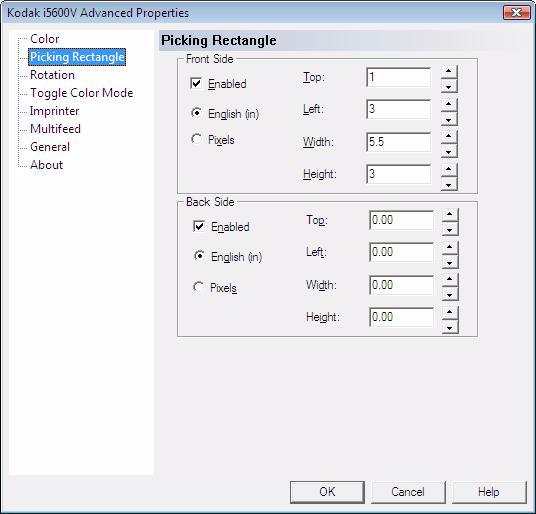 Picking Rectangle screen The Picking Rectangle screen allows you to scan just a portion of the document by entering values in Top/Left/Width/Height boxes.