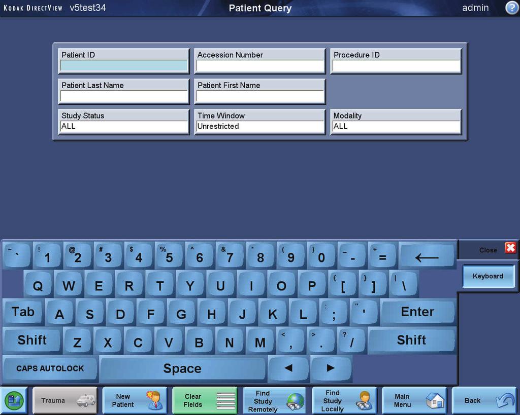 Creating a Patient Record To create a patient record (at the CR System or on a Remote Operations Panel (ROP): 1. At the Main Menu, touch Study Data. The Patient Query Screen appears.