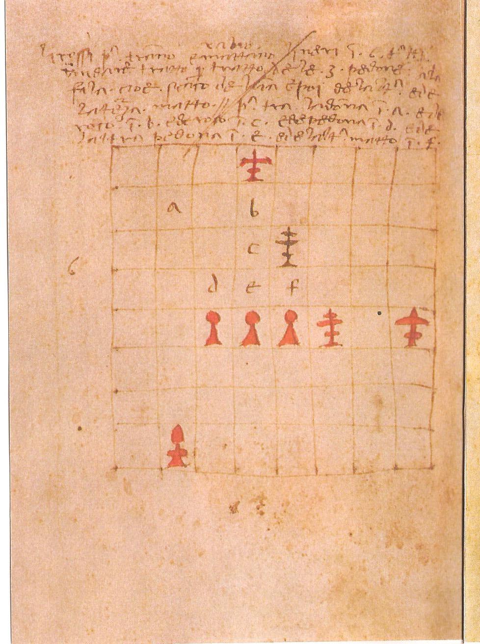 Plate 1 Folio 8v. The problem depicted is to be played with actual modern rules, in fact, and is distinguished at the top center of the page by the term "rabio".