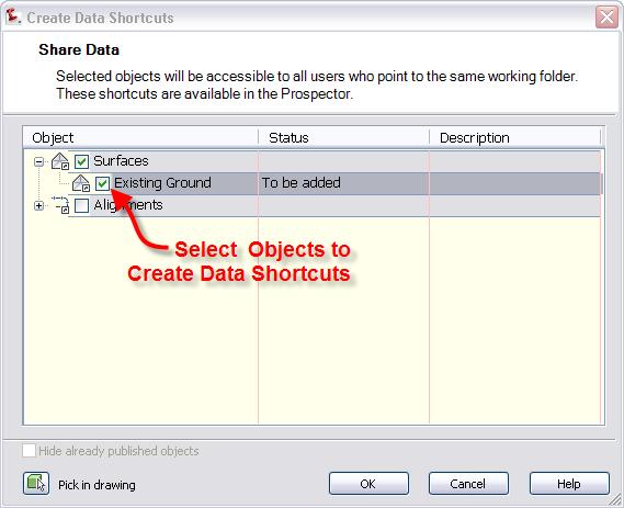 In the Create Data Shortcuts window, select the Civil 3D objects (surfaces, alignments, pipe networks, view frame groups)