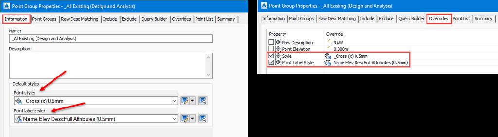 Point group point style and point label style assignments are only applied when the point style and point label style overrides are turned on.