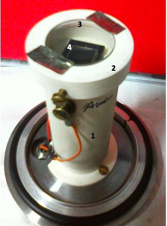 Figure 4.14: Picture of the quartz window mounted on the support. 1.Plastic Pillar, 2.Special mounting for the windows, 3.Quartz window, 4.NIST calibrated photodiode.