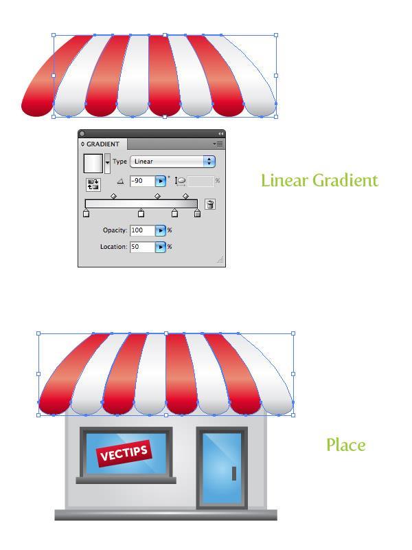 Select the gray shapes in the awning and repeat the previous steps but change the first color stop to a light gray, the