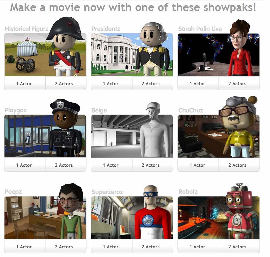 In some showpaks, you have a choice of dozens of characters and several locations.