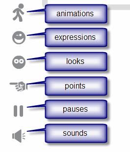 There are six different types of effects: 1. Animations blowing a kiss, hands on hips, clap, stay away, head scratch, etc. 2.