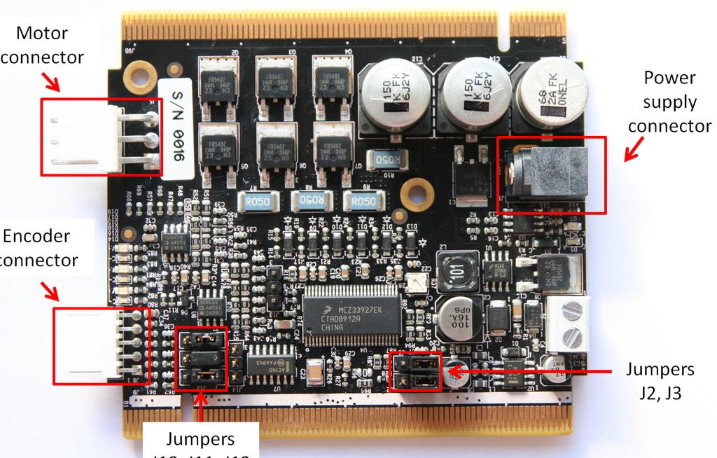 Hardware setup Motor connector Power supply connector Encoder connector Jumpers J2, J3 Jumpers J10, J11, J12 Figure 9.