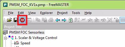 Click the STOP button in the FreeMASTER toolbar as shown in Figure 11. Figure 11. Initiating communication with the embedded side 9.3.2.