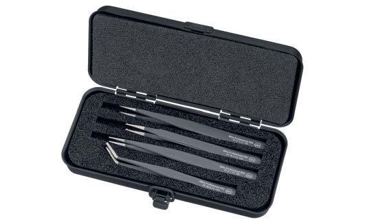 32337 0 120 8b 16 10 ZP 99 0 140 02 SMD tweezer set Professional ESD, 4 pcs. Dissipative tools, electrostatically discharging. Design: ESD tools manufactured according to IEC 61340-5-1.