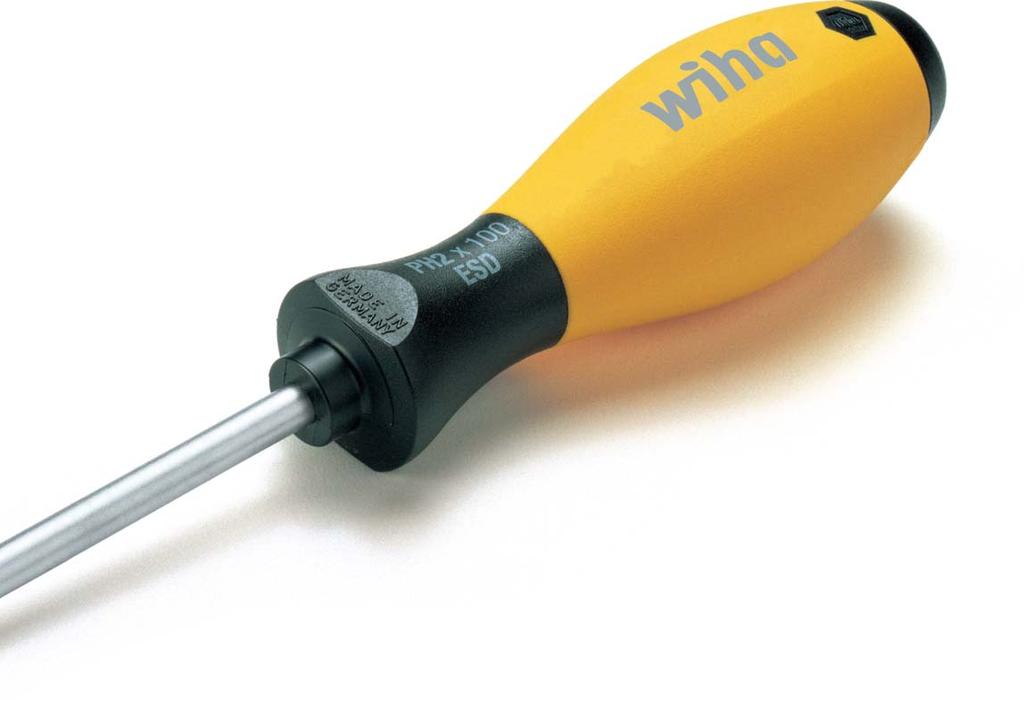 EN_s008-071_SD_2012 14.02.12 18:49 Seite 64 Wiha SoftFinish ESD. For use on electrostatically sensitive components. Wiha SoftFinish ESD screwdrivers have a surface resistance of 10 6-10 9 ohms.