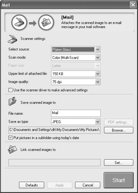 4 If the settings screen appears, change the settings as necessary. For details on the settings of the screens, see Software Guide, located on your Setup CD-ROM. 5 Click [Start].