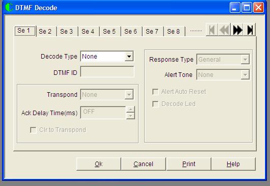 DTMF Decode Screen When the DTMF Decode entry from the tree bar is accessed, the following screen appears: Decode Type This options offered by selecting the drop down combo box are None, Call Alert,