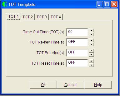 TOT Template Screen When the TOT Template entry from the tree bar is accessed, the following screen appears: Time Out Timer(TOT) This is the maximum period of time that the radio is allowed to