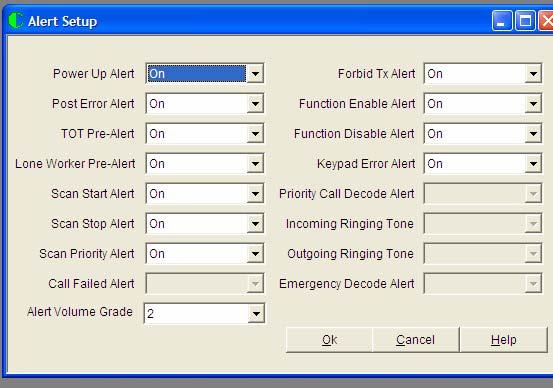 Alert Setup Screen When the Alert Setup entry from the tree bar is accessed, the following screen appears: Each alert can be individually programmed as ON or OFF. On mean the feature will be valid.