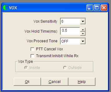 VOX Screen When the VOX entry from the tree bar is accessed, the following screen appears: VOX Sensitivity This parameter determines the sensitivity of the VOX.