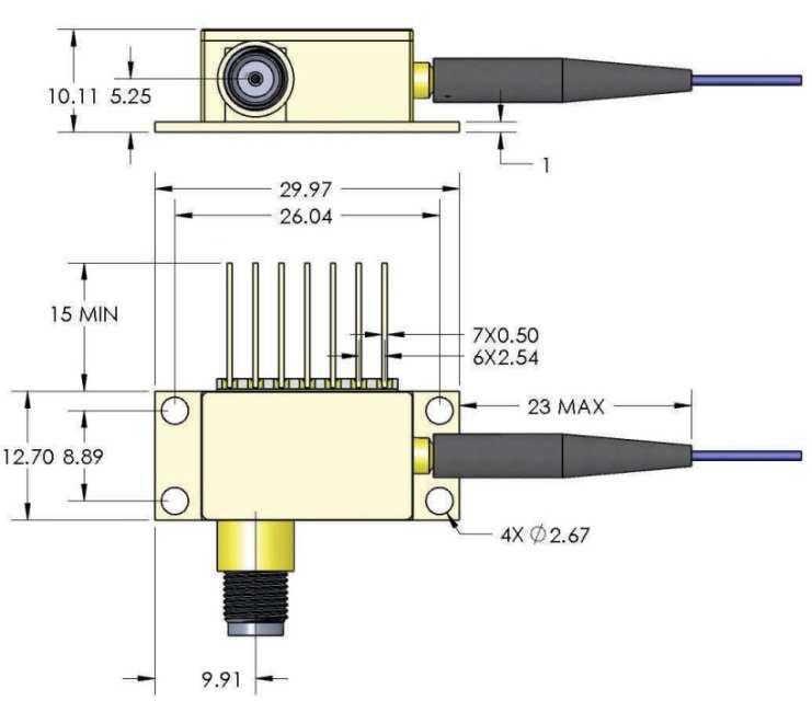 Pinout and Mechanical Drawing Pin Description 1 Thermistor 2 Thermistor 3 Laser cathode (Bias) 4 Monitor PD anode 5 Monitor PD cathode 6 TEC+ 7 TEC- Pkg/ Shield K Laser anode RF Input