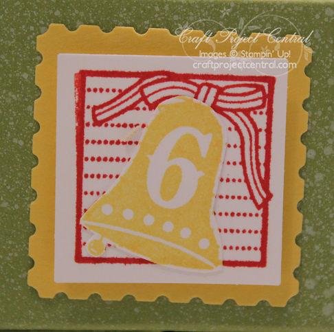 #6: Stamp the image in Real Red ink. Punch with a 1 Square punch. Stamp the image again using Daffodil Delight ink.