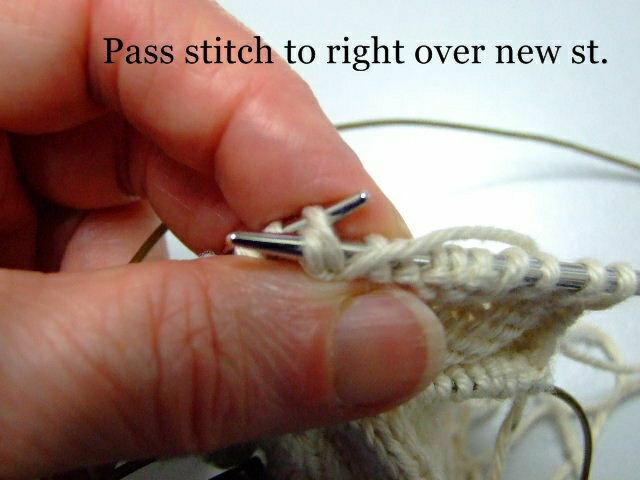 9 Fig #10 Fig#10. Now pass the slipped stitch to the right over the new st, and drop it off the needle.