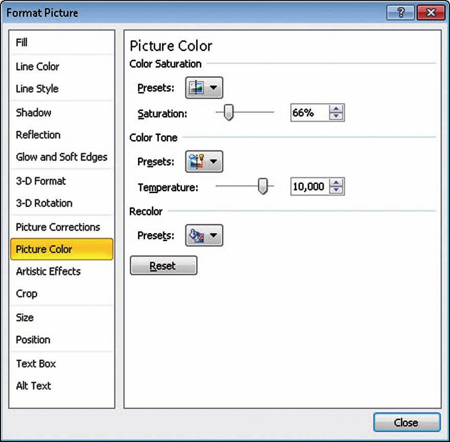 The Format Picture dialog box opens. 7. In the Color Tone section, set the Temperature slider to 10,000. See Figure 8-22.