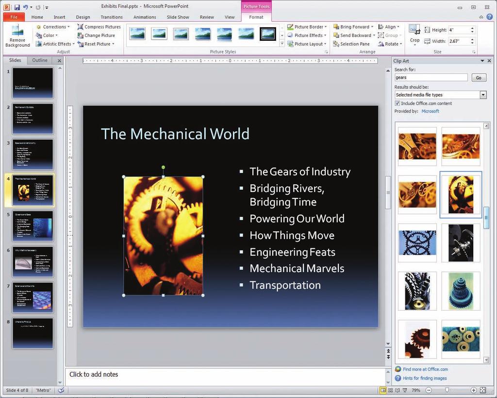 Adding Graphics to a Presentation 245 Figure 8-3 Select a photograph of gears Click Close button to close task pane. Click the desired clip. Clip placed on slide 9.
