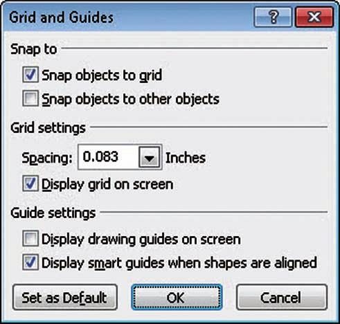 248 Lesson 8 3. Right-click the current slide near the bottom of the slide (outside any placeholder), and then click Grid and Guides. The Grid and Guides dialog box opens, as shown in Figure 8-6.
