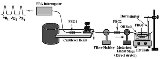 distinguish the measurement location. Figure 4.3 shows principle of measuring system with multiple Bragg gratings. wideband source d 1 d 2 d 3 detector Figure 4.3. Principle of sensor with multiple Bragg gratings Three FBGs indicated as FBG1, FBG2 and FBG3 with different resonance wavelengths of 1549.