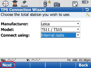 Settings for TPS Wizard on CS In the first step of the wizard select the instrument type as Leica in the Manufacturer: field.