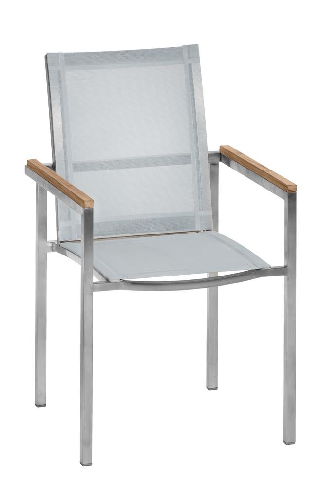 Chair BAYTELINE- DINING Stainless steel 304 Solid recycled teak with laths Breathable, UV-resistant fabric Stackable Recessed inbus