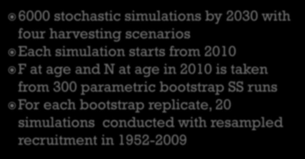 6000 stochastic simulations by 2030 with four harvesting scenarios Each simulation starts from 2010 F at age and N at age in 2010 is