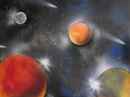 Look at photos of space, discussing shapes and textures of surface of planets and various objects.