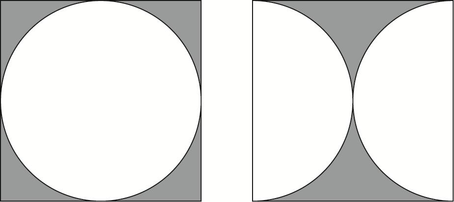 48 The diagram shows two identical squares. Diagram A shows a circle inside a square. Diagram B shows two identical semi-circles inside a square.