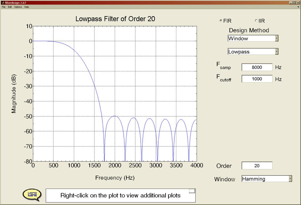 edit boxes. Figure 2: Interface for the filterdesign GUI. The default setting for the frequency axis is analog frequency f in Hz, but can be changed to O!