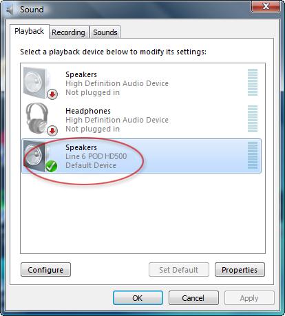 9 12 POD HD500 selected as the Default Playback Device You can also click on the Properties button in the Sound dialog to access the default format settings for the POD HD500 Sample Rate and Bit