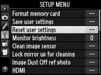 5 Save user settings. Highlight Save settings and press J to assign the settings selected in Steps 1 and 2 to the mode dial position selected in Step 4.